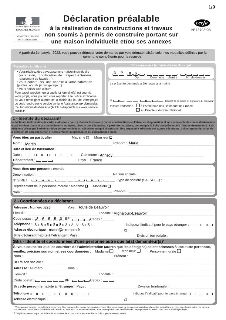 Exemple de dossier — Cerfa n° 13703*08 — page 1/9
