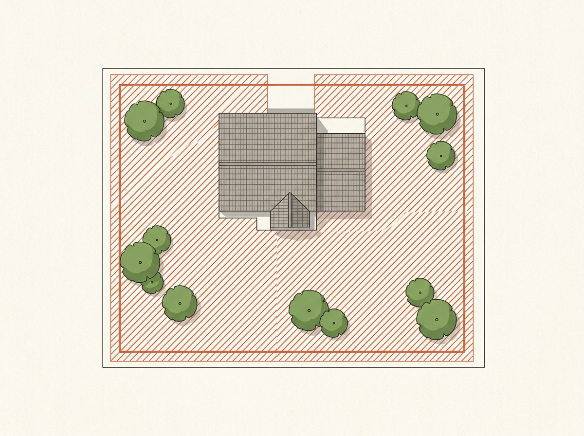 Sample site plan of a parcel whose whole garden is covered by a red hatch, with no pool drawn.