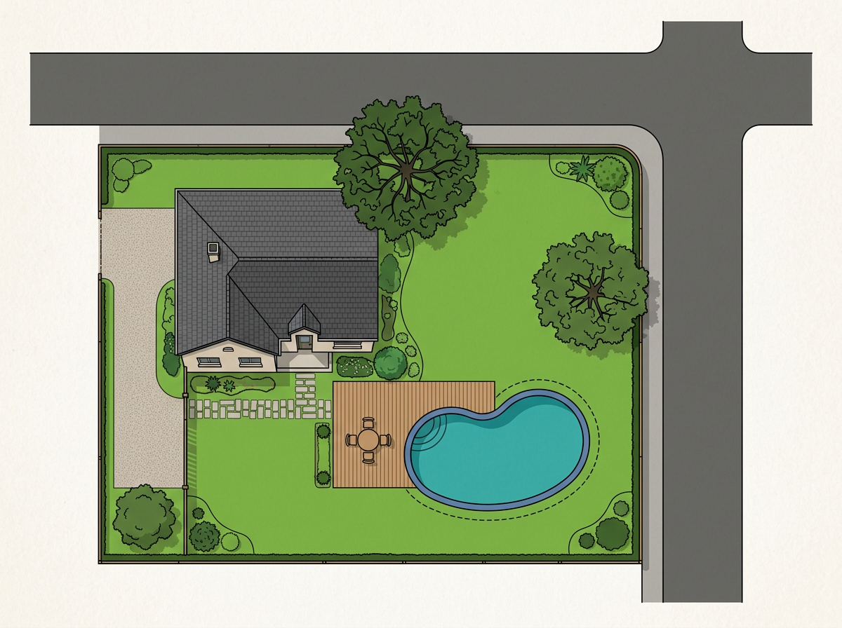 Sample site plan of a corner parcel. A kidney-shaped turquoise pool sits beside the terrace.