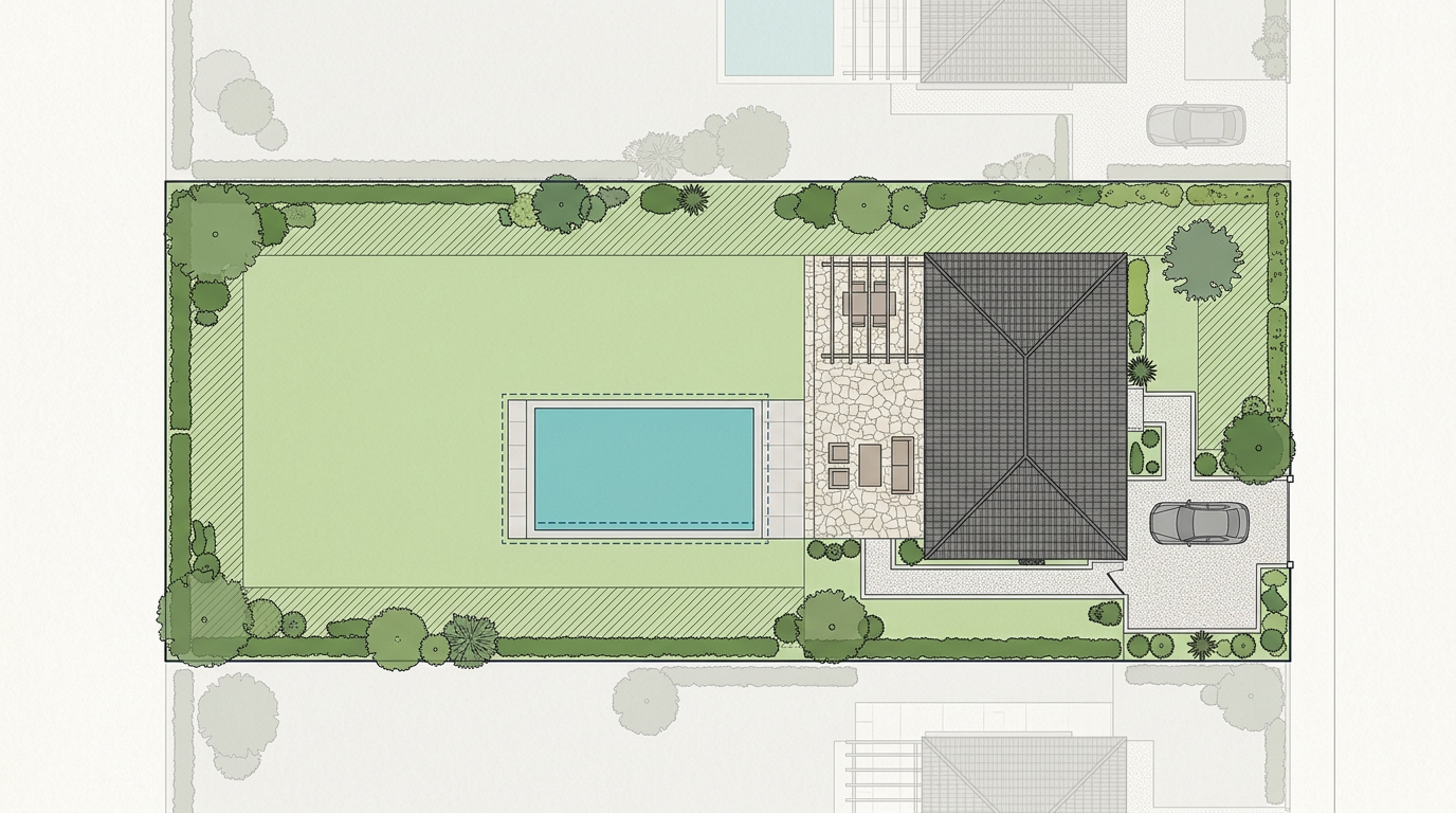 Sample site plan of a long parcel. A turquoise pool inside a dashed outline sits on the lawn, with a hatched strip along the boundary.